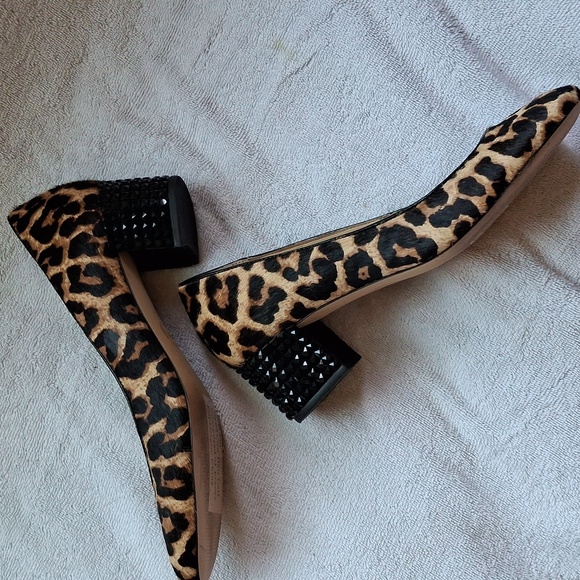 Michael Kors Leopard Print Block Heel Pumps Real Pony Fur Black Crystals Sz 8.5 - Picture 1 of 6